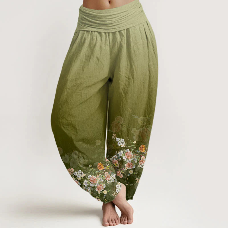Buddha Stones Cotton Colorful Rose Flowers Design Women's Elastic Waist Harem Pants