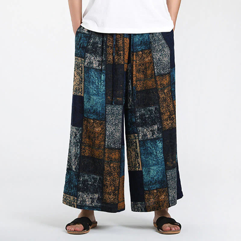 Buddha Stones Summer Patchwork Design 7-8 Length Men's Wide Leg Pants With Pockets