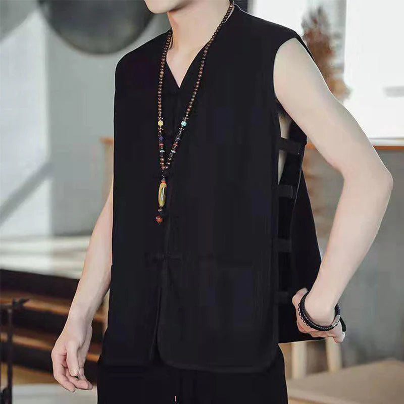 Buddha Stones Casual Chinese Frog-Button Men's Cotton Vest Waistcoat With Pockets