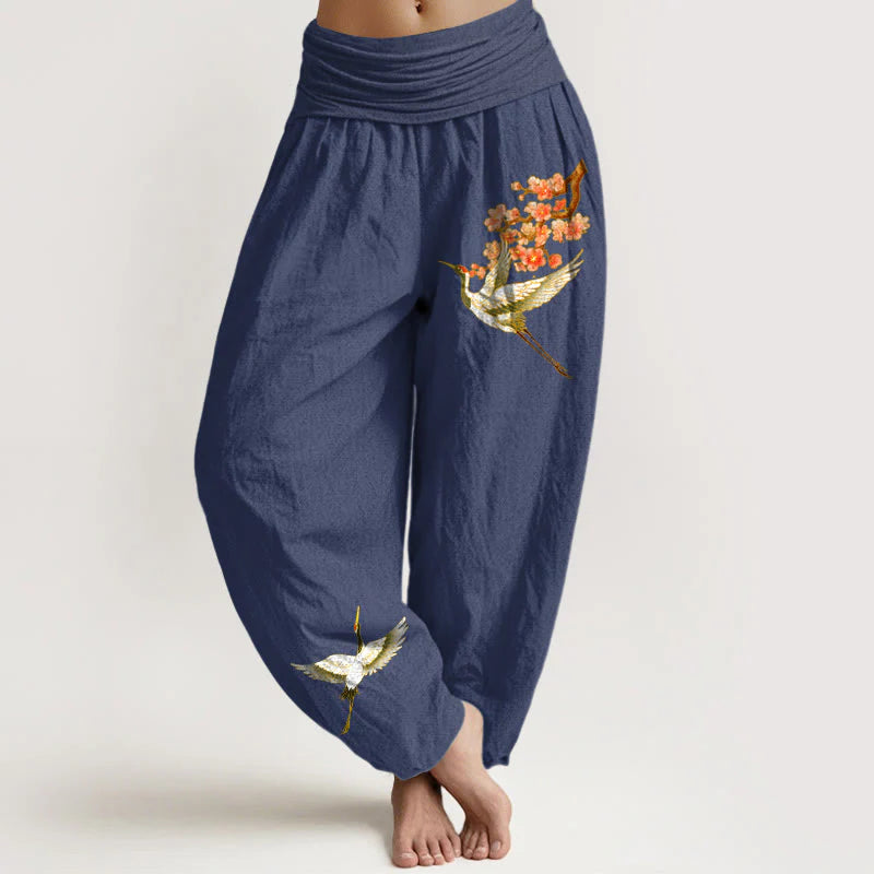 Buddha Stones Plain Crane Peach Blossom Pattern Women's Elastic Waist Harem Pure Cotton Pants