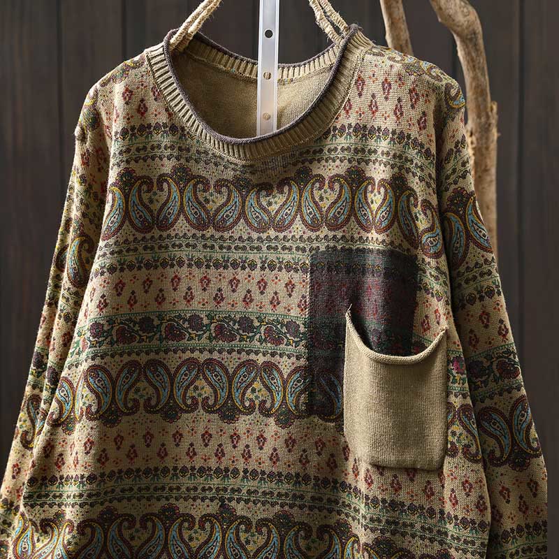 Buddha Stones Fall Plant Floral Pattern Crew Neck Long Sleeve Women's Cotton Sweater With Pocket