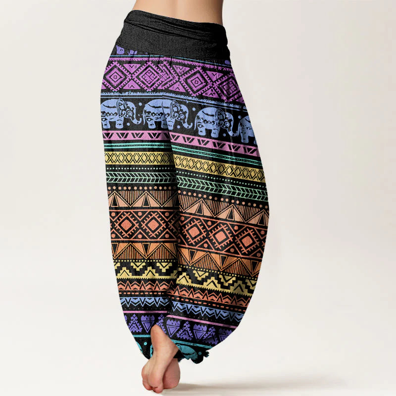 Buddha Stones Cotton Casual Elephant Geometric Figure Women's Elastic Waist Harem Pants