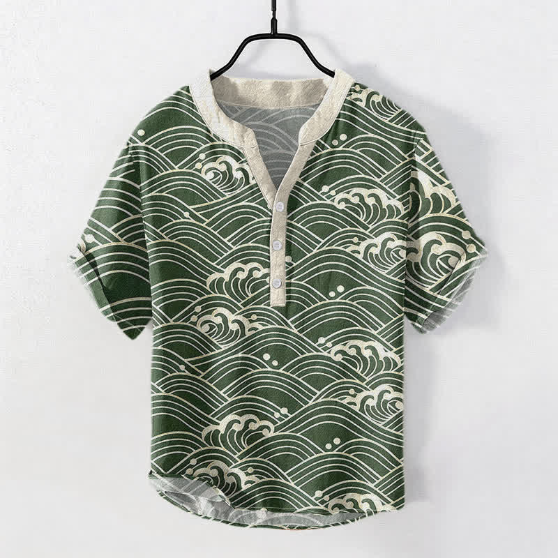 Buddha Stones Cotton Wave Emblem Men's Short Sleeve Half Button Shirt
