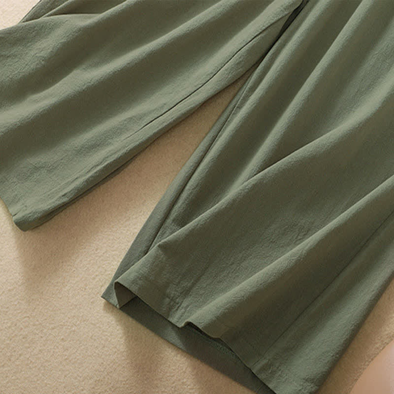 Buddha Stones High Waist Capri Cropped Women's Wide Leg Cotton Pants With Pockets