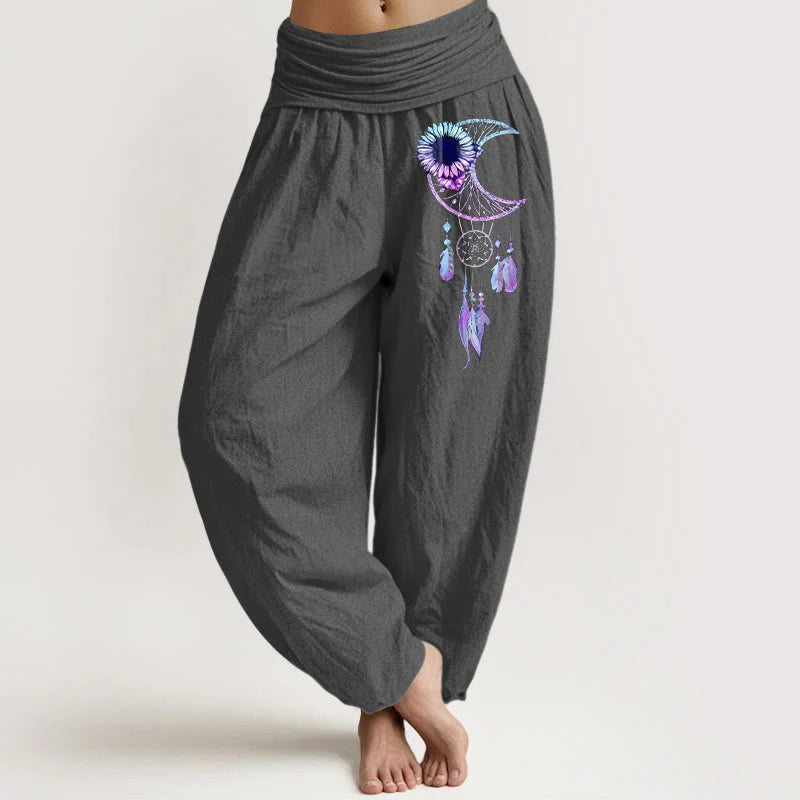 Buddha Stones Pure Cotton Elegant Moon Flower Feather Pattern Women's Elastic Waist Harem Pants