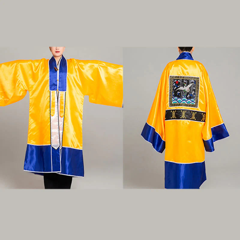 Buddha Stones Wudang Crane Embroidery Long Wide Sleeve Unisex Taoist Robe Gown Kimono For Qigong Tai Chi Ceremony