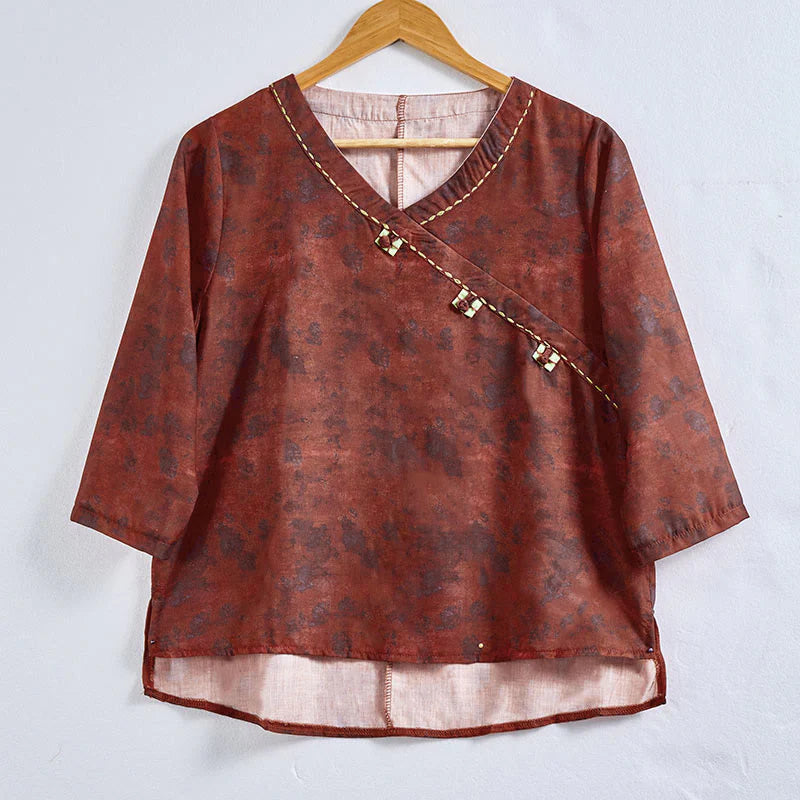 Buddha Stones Spring V-Neck Printed Floral Pattern Women's Long Sleeve Shirt