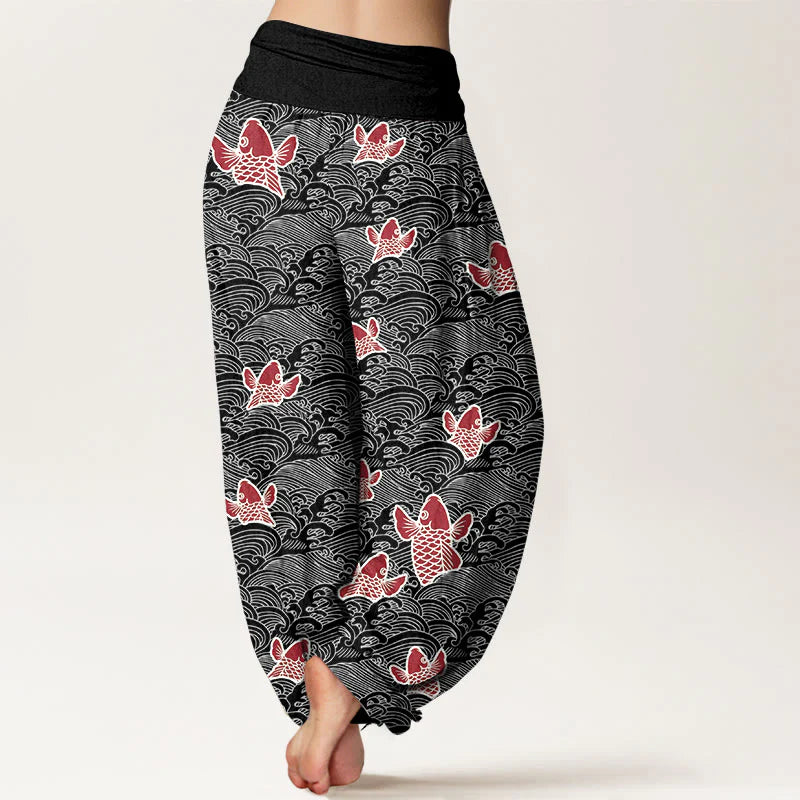 Buddha Stones Print Koi Fishes Waves Pattern Women's Elastic Waist Harem Pure Cotton Pants