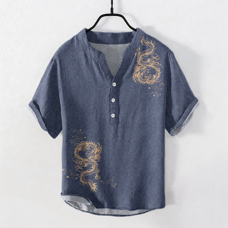 Buddha Stones Cotton Dragon Men's Short Sleeve Half Button Shirt