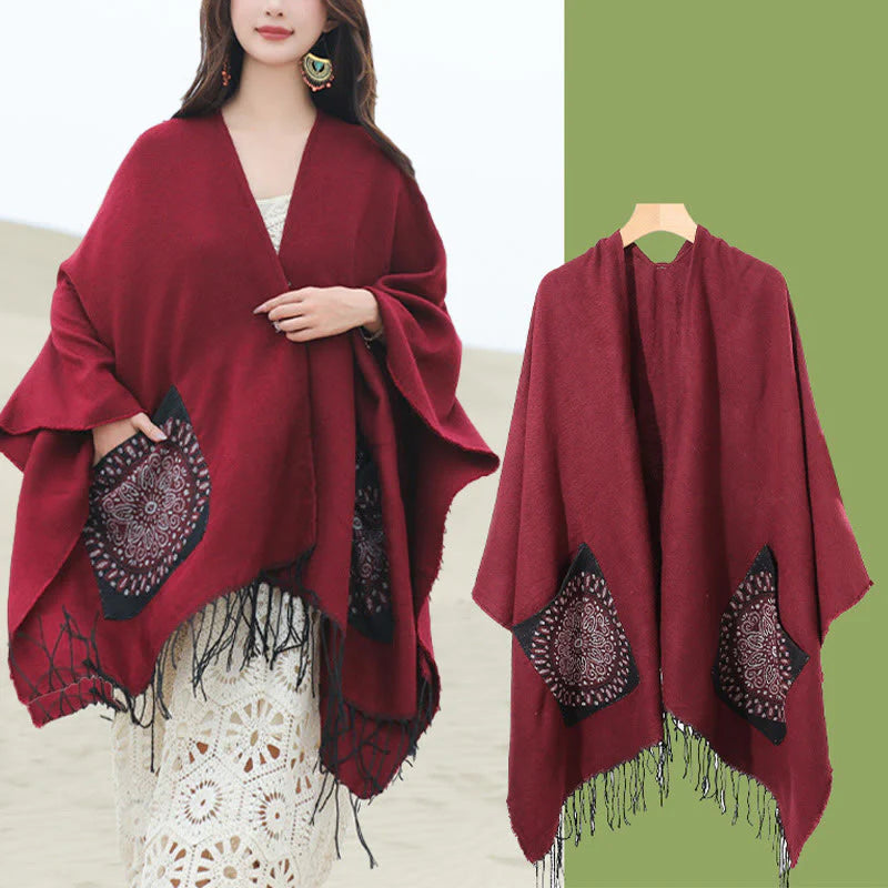 Buddha Stones Tibetan Geometric Round Mandala Pattern Tassels Shawl Fall Winter Cozy Scarf Wrap With Pockets