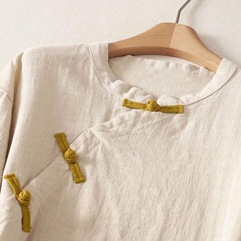 Buddha Stones Spring Frog-Button Knee Length Cotton Women's Short Sleeve Dress With Pockets