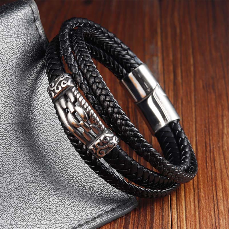 Buddha Stones Chain Link Design Titanium Steel Multi-layer Leather Balance Braided Bracelet