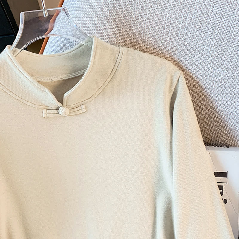 Buddha Stones Spring Solid Color Stand Collar Frog-button Design Women's Cotton Long Sleeve Shirt