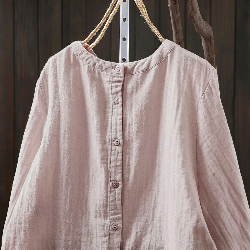 Buddha Stones Fall Crew Neck Back Button Down Design Long Sleeve Women's Cotton Shirt