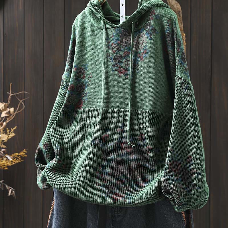 Buddha Stones Women's Knitted Floral Cotton Long Sleeve Hooded Sweater
