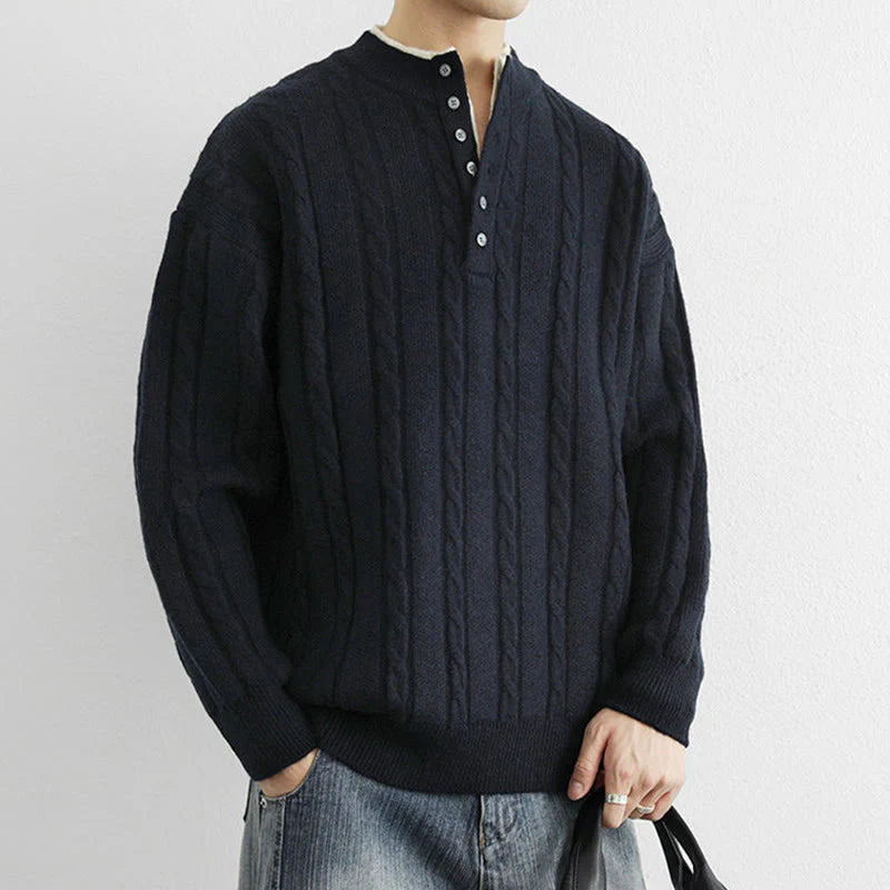 Buddha Stones Winter V-Neck Buttons Twisted Design Warm Men's Long Sleeve Knitted Sweater