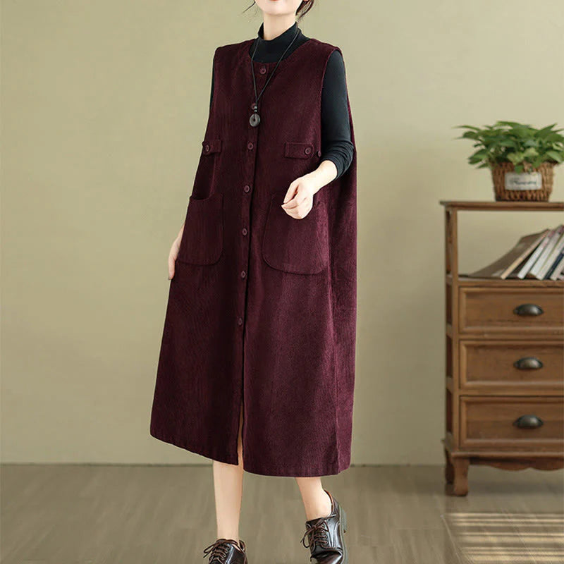 Buddha Stones Pure Colo Buttons Sleeveless Midi Dress With Pockets