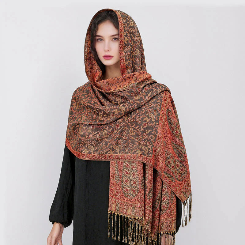 Buddha Stones Tibetan Jacquard Paisley Flower Pattern Color Contrast Design Tassel Cozy Scarf Shawl