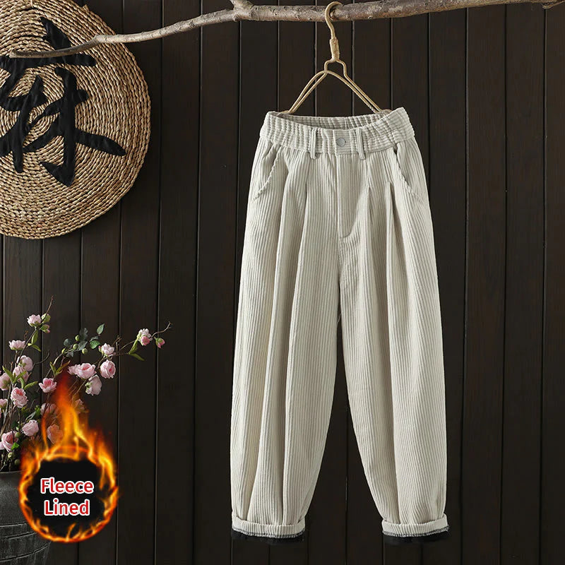 Buddha Stones Women's Winter Plain Corduroy Cotton High Waist Fleece-Lined Harem Pants With Pockets