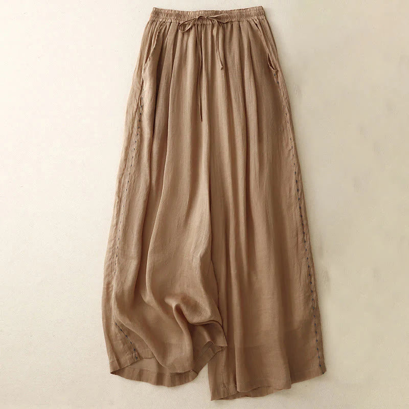 Buddha Stones Commute Solid Color Embroidery Drawstring Women's Wide Leg Ankle-Length Cotton Pants With Pockets