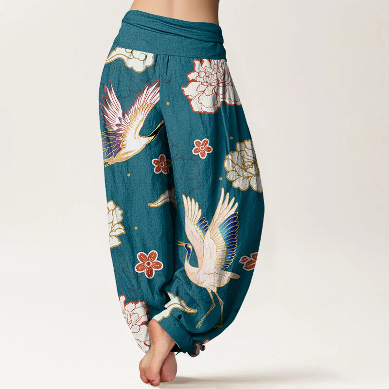 Buddha Stones Print Cranes Peonies Pattern Women's Elastic Waist Harem Pure Cotton Pants