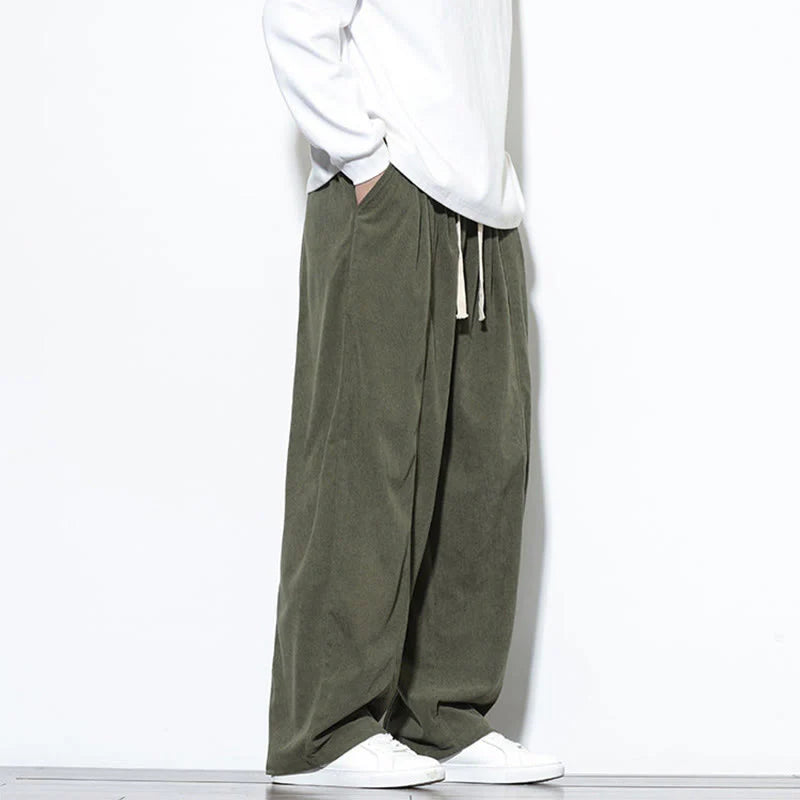 Buddha Stones Plain Drawstring Pure Cotton Corduroy Men's Harem Pants With Pockets
