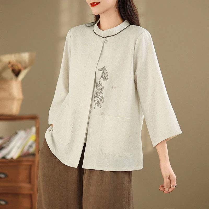 Buddha Stones Commute Embroidery Floral Pattern Three Quarter Sleeve Women's Cotton Shirt With Pockets