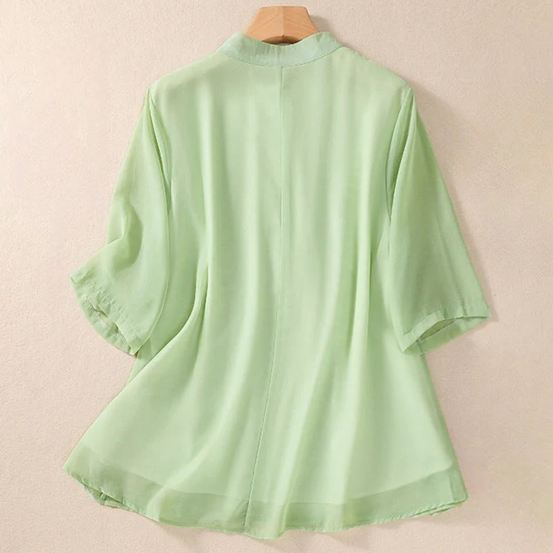 Buddha Stones Embroidery Plants Flower Half Sleeve Plain Frog-Button Stand Collar Women's Shirt
