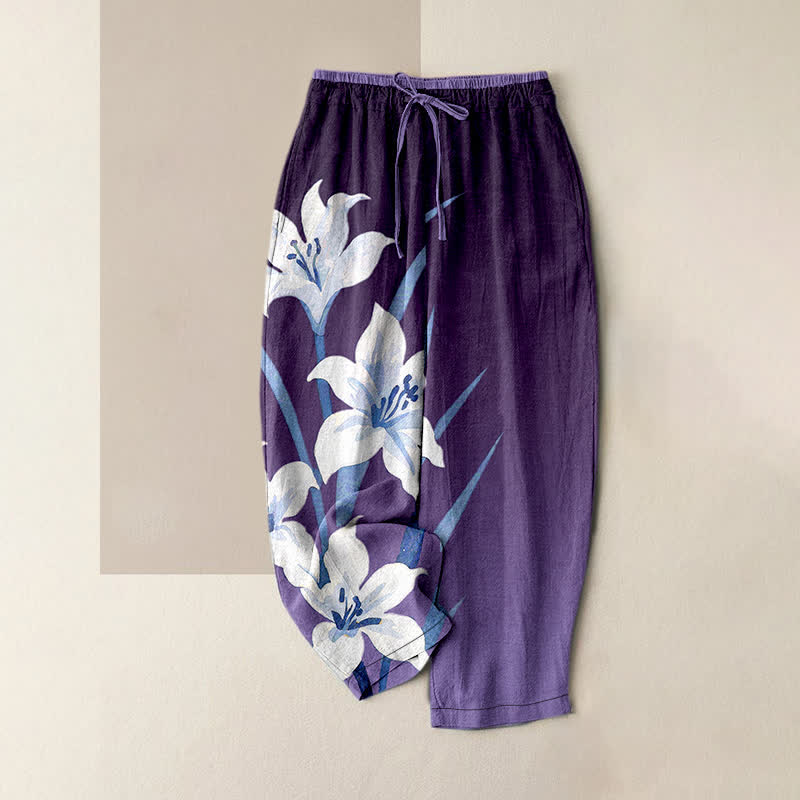 Buddha Stones Pure Cotton Lily Print Elastic Waist Drawstring Women's Pants With Pockets