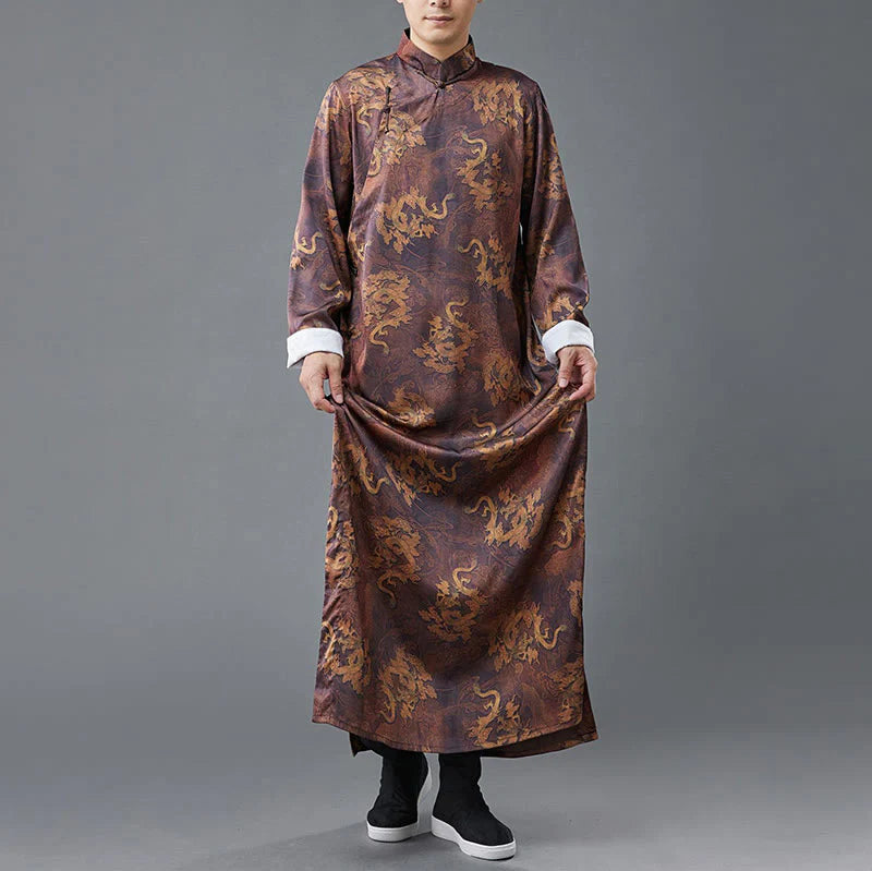 Buddha Stones Vintage Chinese Frog-Button Tang Suit Men's Dragon Cotton Robe