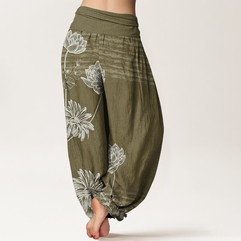 Buddha Stones Lotus High Waist Design Women's Harem Cotton Pants