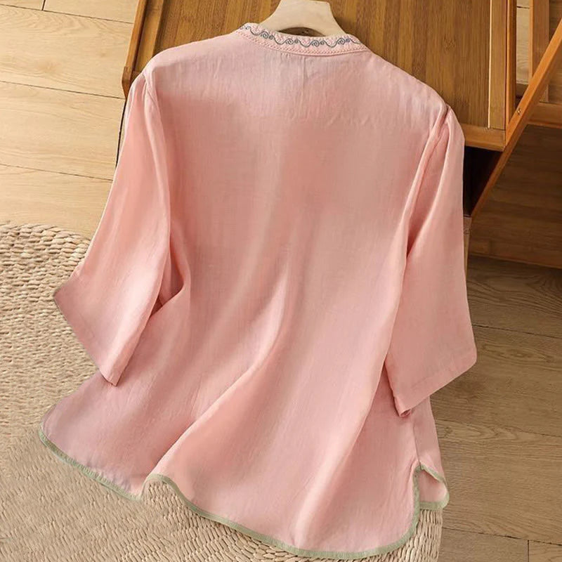 Buddha Stones Casual Ethnic Style Embroidery Flower Pattern Frog-Button Stand Collar Women's Cotton Linen Shirt