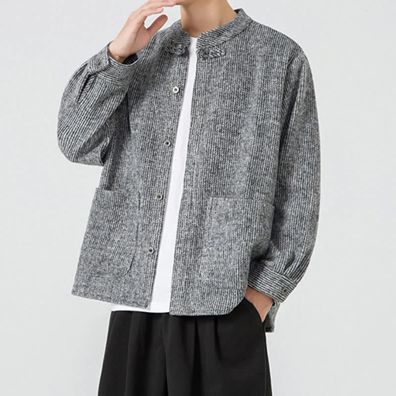 Buddha Stones Solid Color Frog-Button Long Sleeve Men's Cotton Corduroy Jacket With Pockets