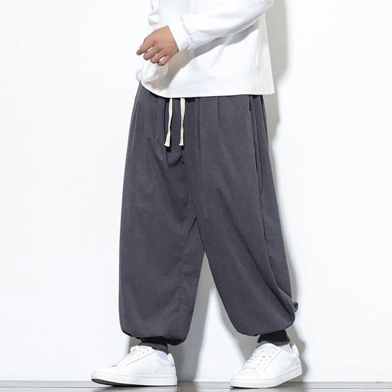 Buddha Stones Fall Plain Drawstring Simple Design Men's Harem Cotton Corduroy Pants With Pockets