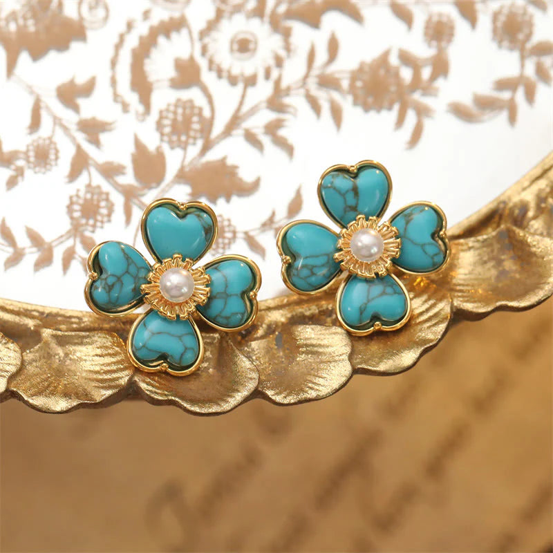 Buddha Stones Turquoise Love Heart Flower Copper Healing Stud Earrings