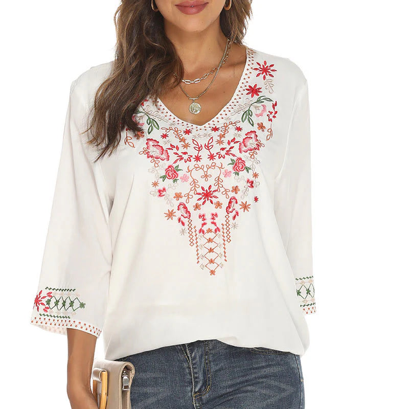 Buddha Stones Summer Embroidery Flower Simple Design Three Quarter Sleeve V-neck Cotton Women's T-Shirt