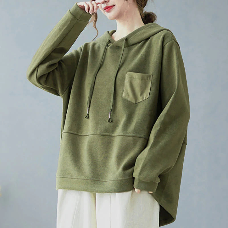 Buddha Stones Fall Solid Color Decorative Pocket Cotton Long Sleeve Women's Hoodie
