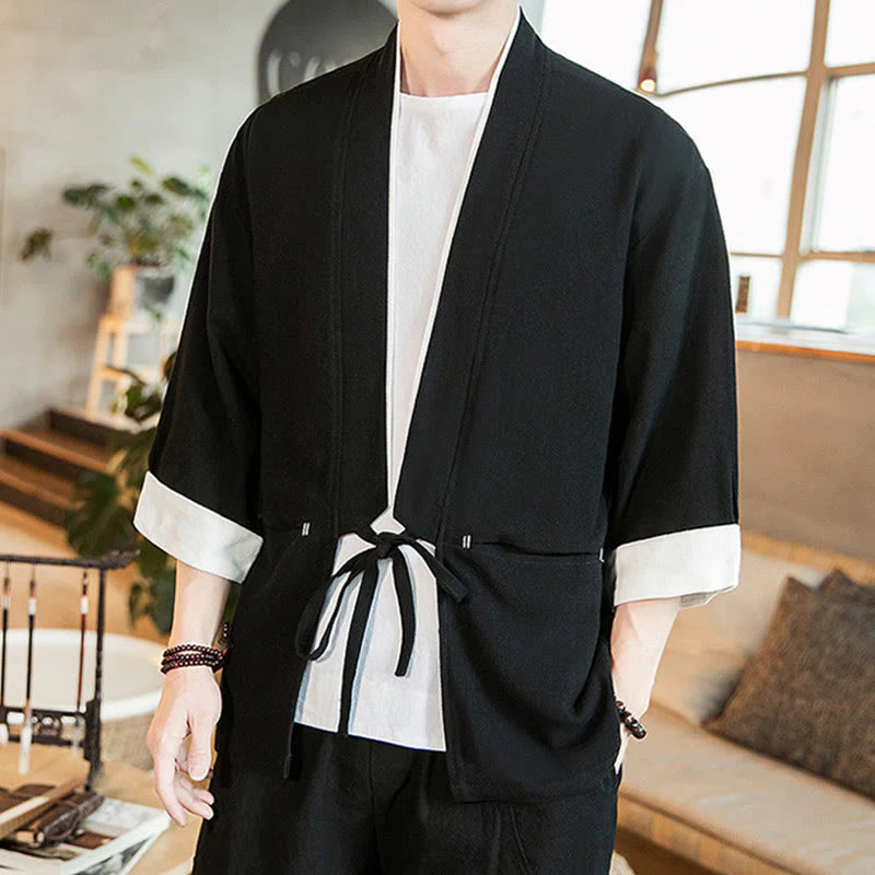 Buddha Stones Lace-Up Design Jacket Cotton Linen Men's Three Quarter Sleeve Kimono With Pockets