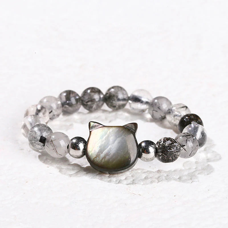 Buddha Stones 3mm Black Rutilated Quartz Tridacna Stone Rabbit Cat Ring