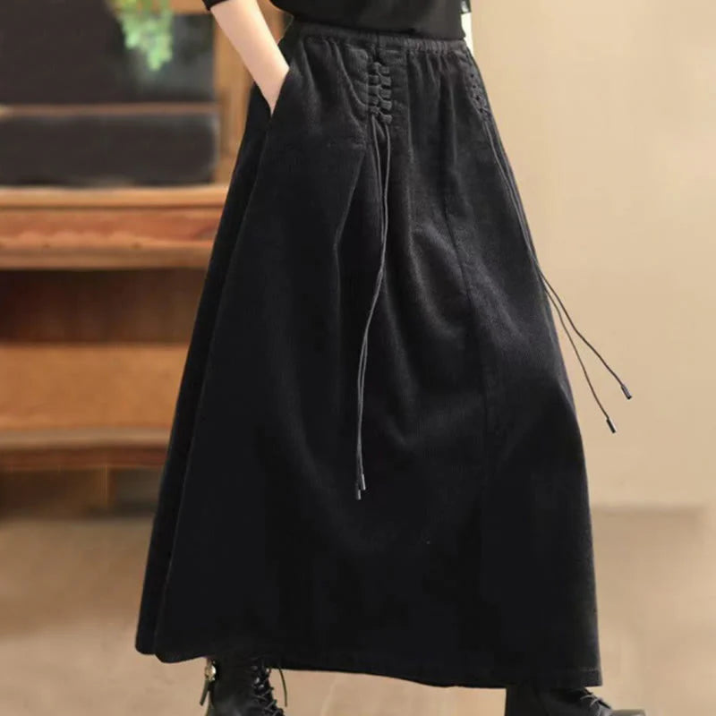 Buddha Stones Women's Plain Corduroy 7-8 Length Skirt With Pockets