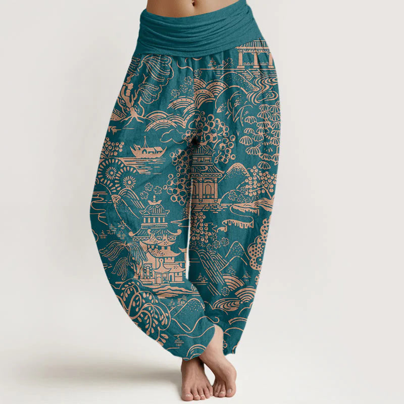 Buddha Stones Cotton Exquisite Tree Building Cloud Pattern Women's Elastic Waist Harem Pants