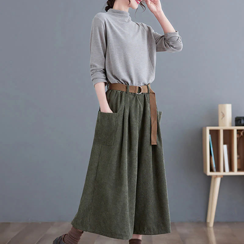Buddha Stones Retro Women's Wide Leg 7-8 Length Corduroy Pants With Pockets Belt