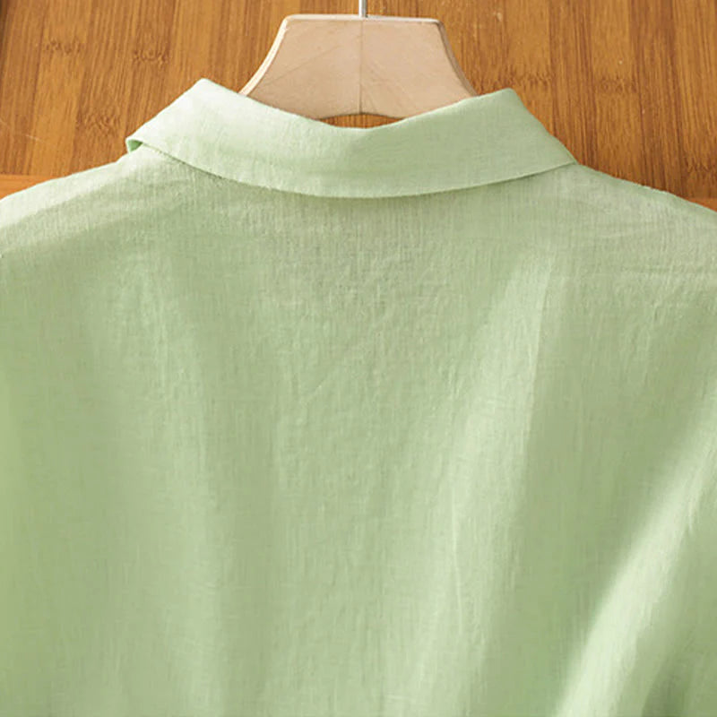 Buddha Stones Summer Plain Color Button Short Sleeve Women's Cotton Shirt