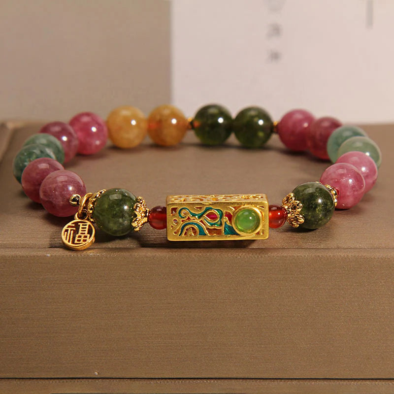 Buddha Stones Colorful Tourmaline Positive Fu Character Charm Bracelet (Extra 35% Off | USE CODE: FS35)