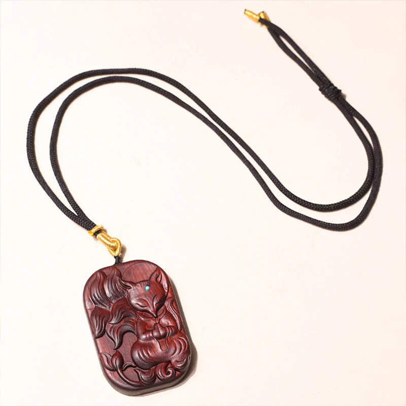 Buddha Stones Small Leaf Red Sandalwood Nine Tailed Fox Pattern Longevity Necklace Pendant (Extra 35% Off | USE CODE: FS35)