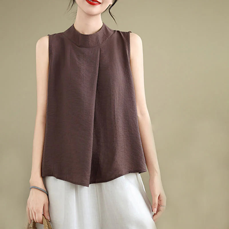 Buddha Stones Casual Plain Back Buttom Design Stand Collar Cotton Linen Women's Sleeveless Vest