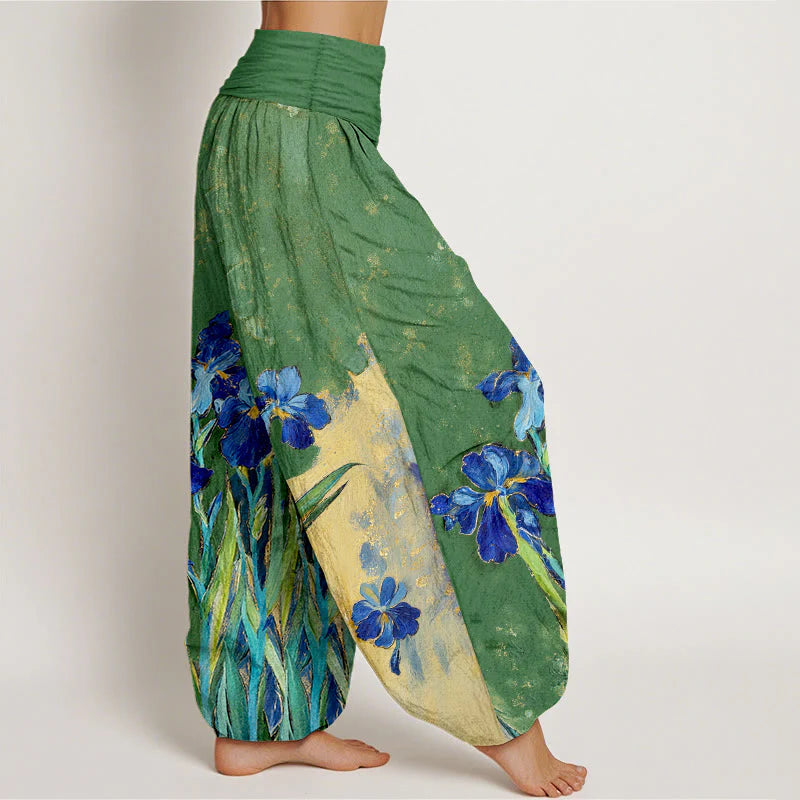 Buddha Stones Irises Pattern Pure Cotton Women's Elastic Waist Harem Pants