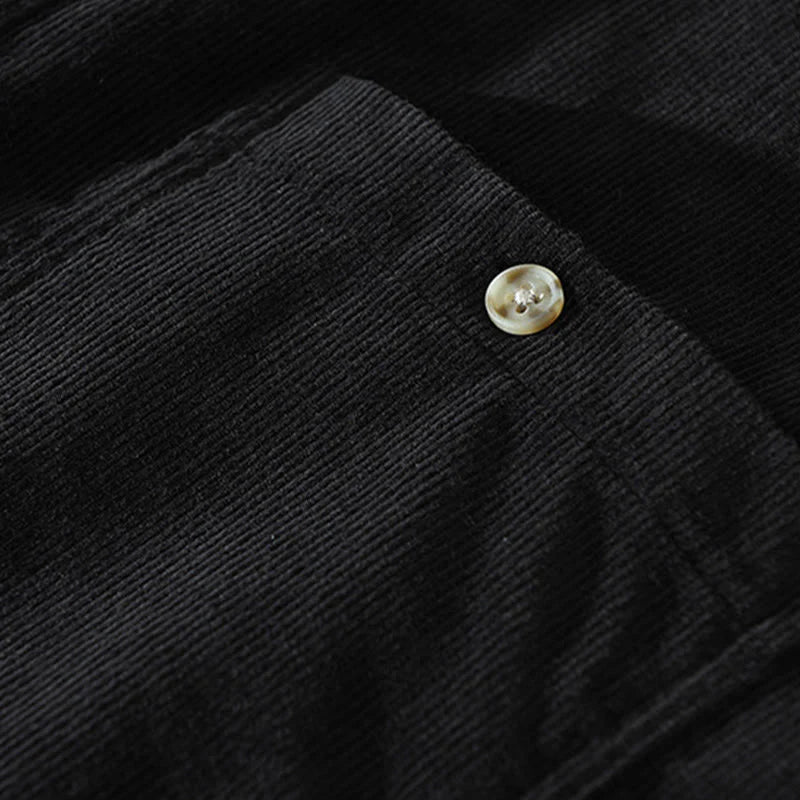 Buddha Stones Fall Decorative Pocket Buttons Down Stand Collar Long Sleeve Men's Cotton Corduroy Shirt
