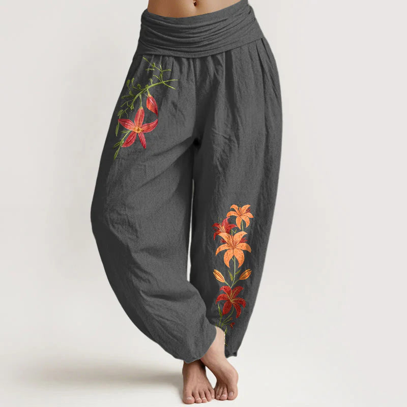 Buddha Stones Pure Cotton Brightly Colored Lilies Five-Petaled Flower Pattern Women's Elastic Waist Harem Pants