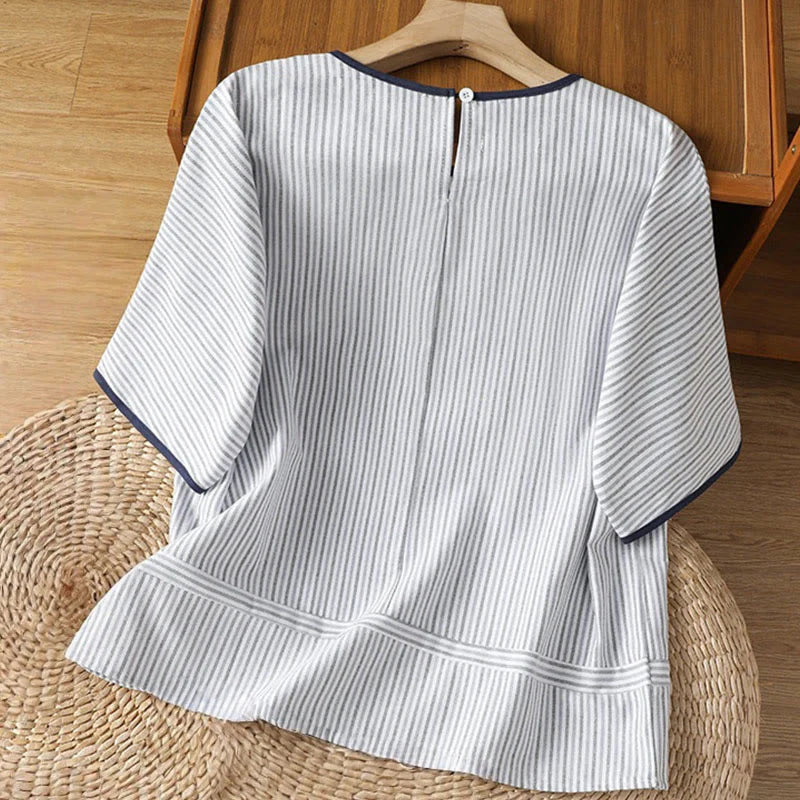 Buddha Stones Pullover Stripes Crew Neck Design Women's Cotton Short Sleeves Shirt